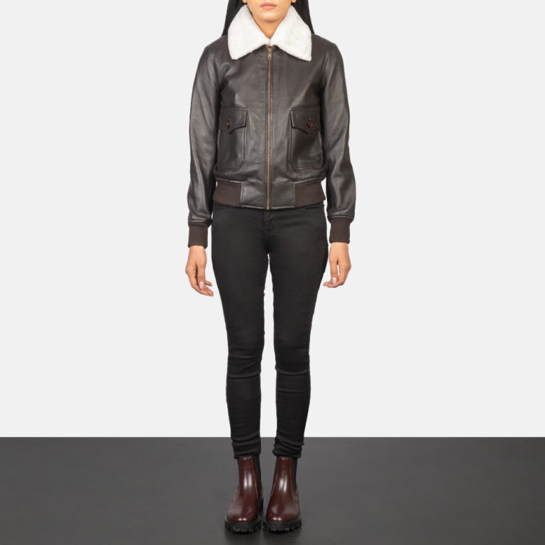 Womens Stella G-1 Brown Leather Bomber Jacket Full Length-2-1652194487971